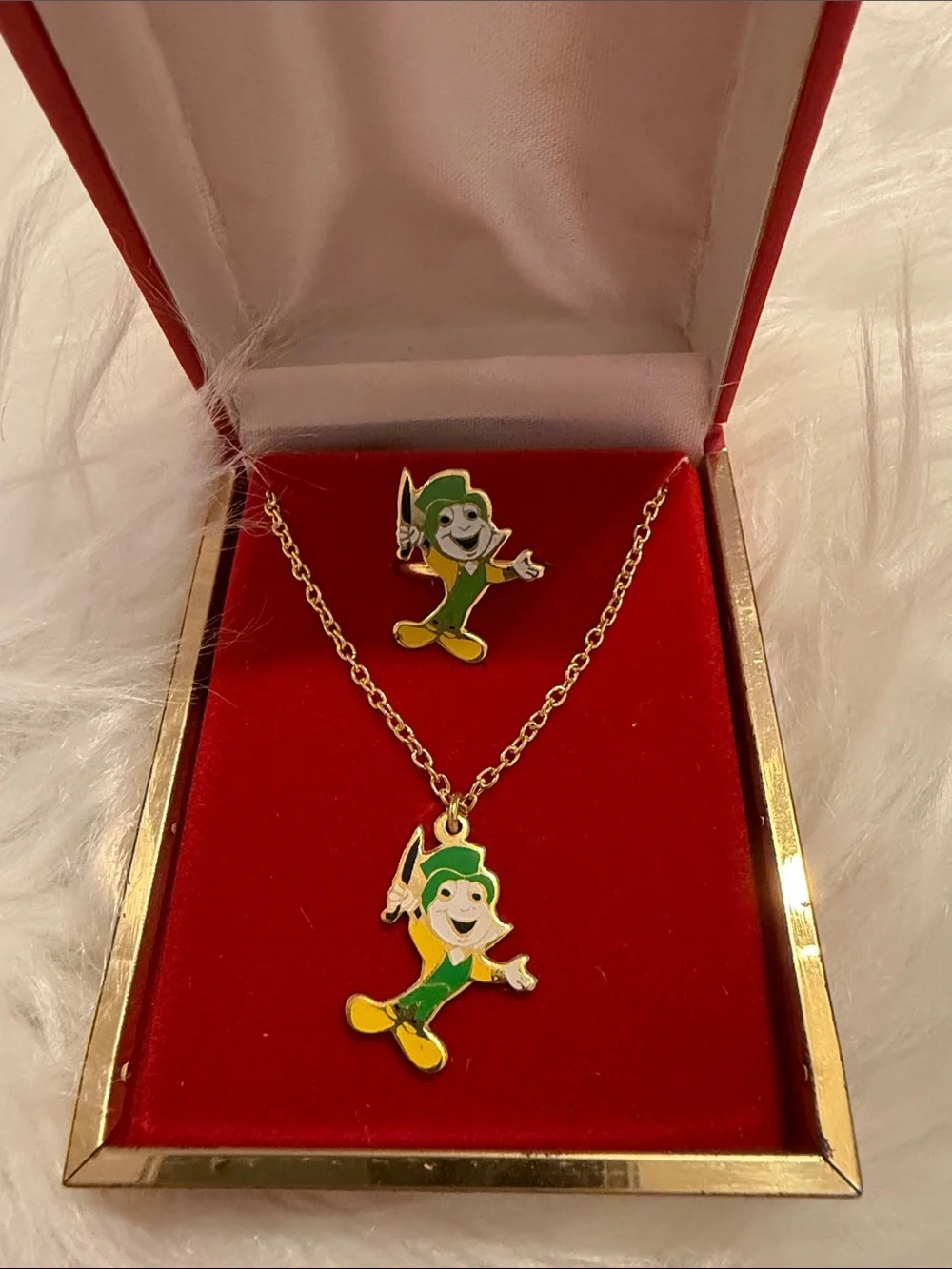 Vintage Disney Jiminy Cricket Adjustable Ring and Necklace Gold Tone Enameled - Picture 1 of 4